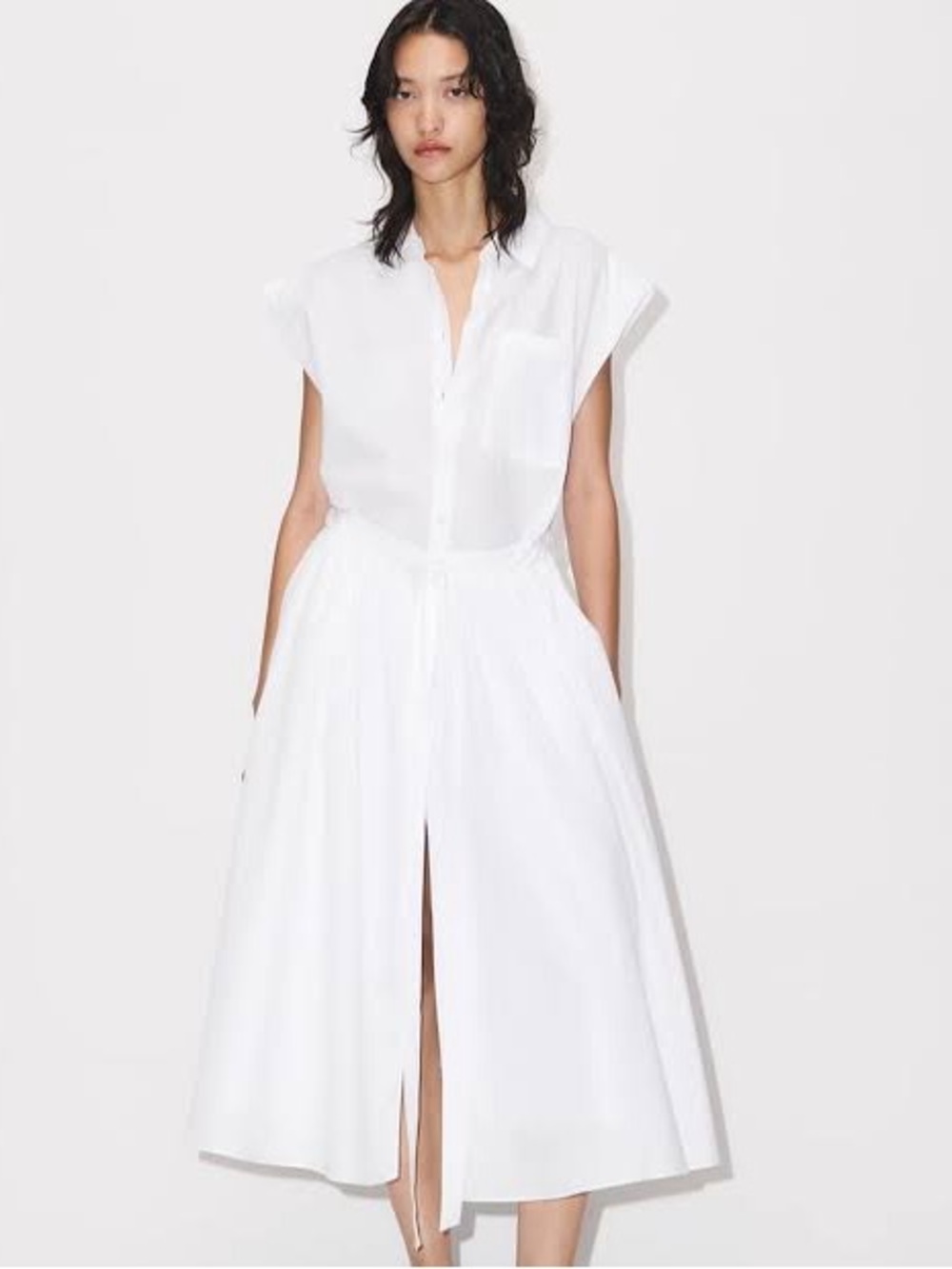 Zara Off-White Shirt Midi Dress with Tie Waist